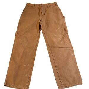Carhartt Men's Brown Canvas Work Pants Utility Pockets Paint Splatter 34x32